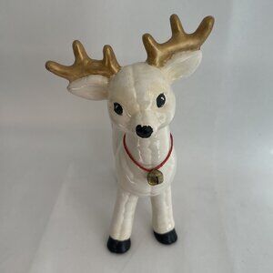 Vintage Ceramic Christmas Reindeer with brass bell.